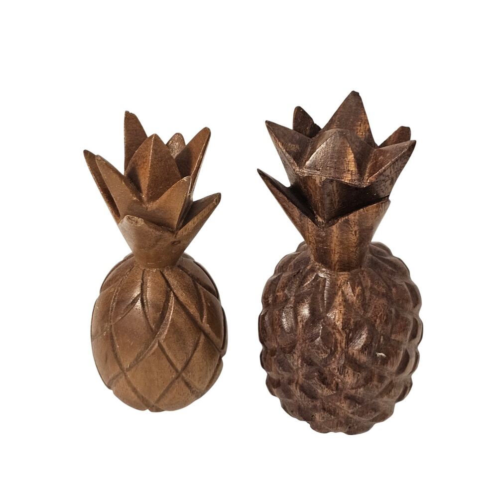 Set of 2 Carved Wood Pineapple Figurines Tropical Farmhouse Home Decor